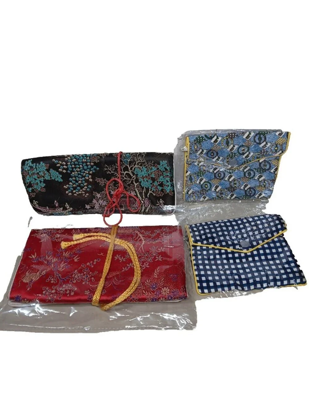 Four Silk Jewelry Pouches Lot Asian Nautical and Checkered Gift Idea